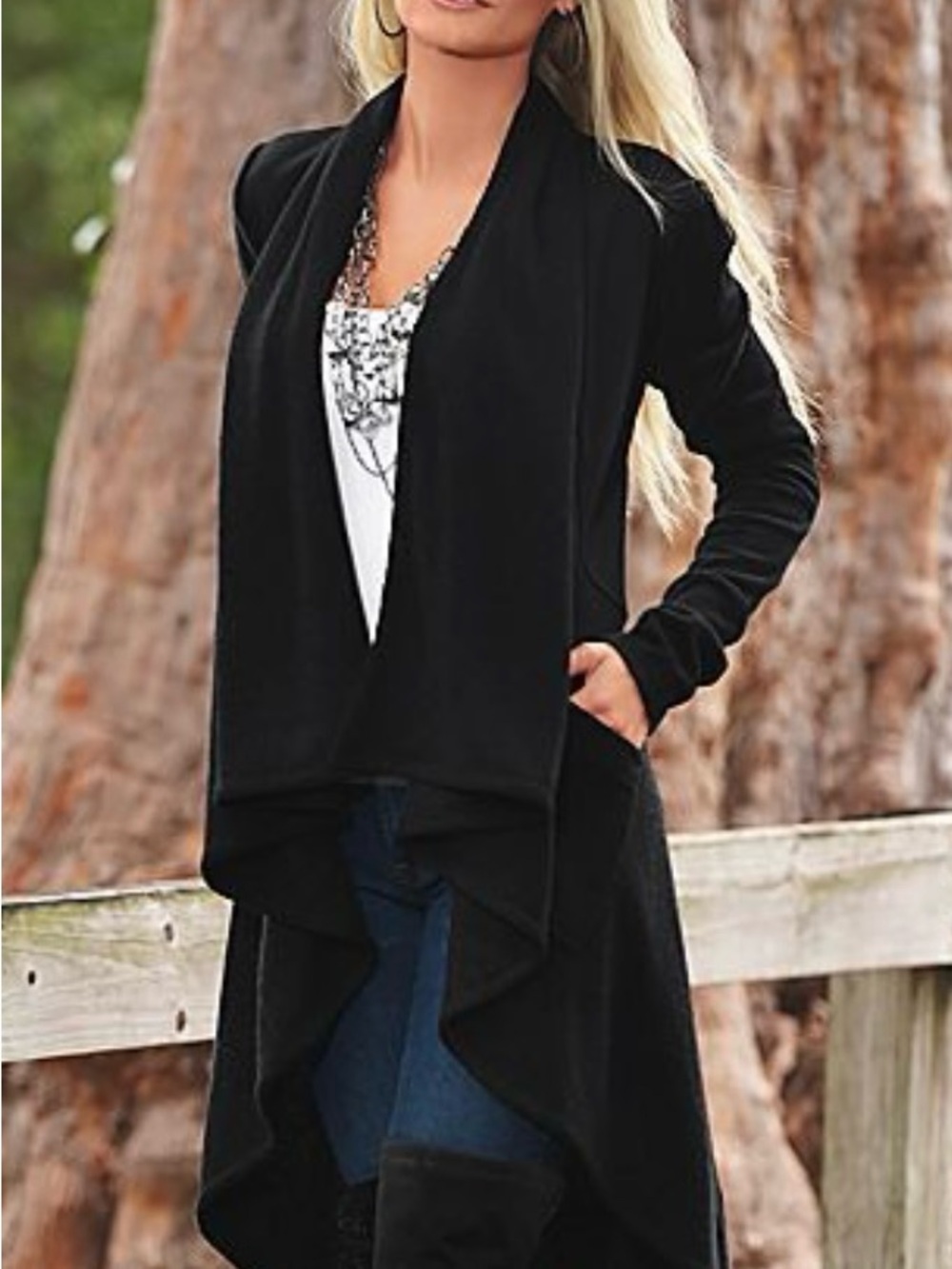 VENUS Black Draped Open-Front Cardigan Sweater